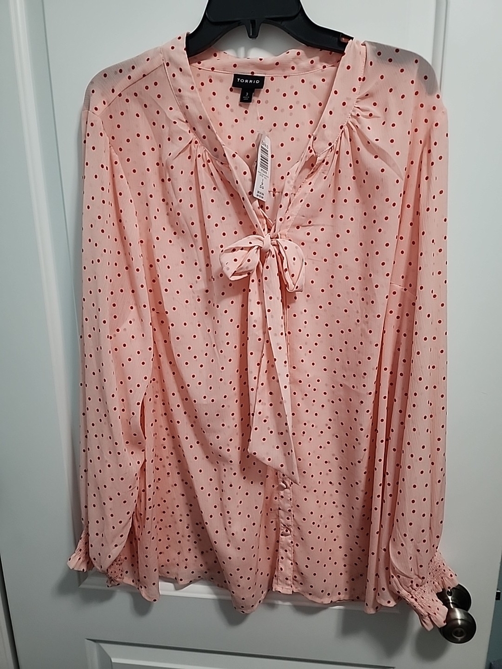 torrid Pink Blouse with Red Polka Dots and Tie-Neck
